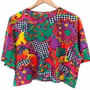 GITANO Bright Abstract Cotton Crop Top Tee Sz L